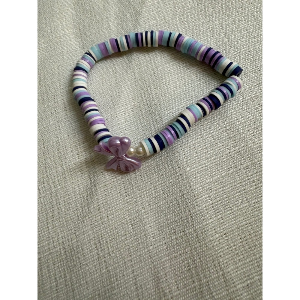 Handmade Purple Blue Clay Heishi Bead Stretch Bracelet with Bow Charm & Pearls